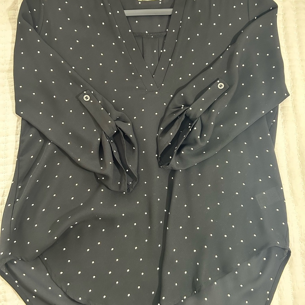 Lush Black with White Polka Dots, 3/4 Sleeve Relaxed Blouse - Picture 7 of 10